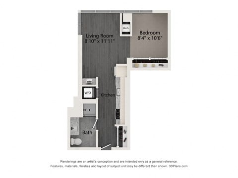 Floor plan for studio, 1 bath, 557 sqft